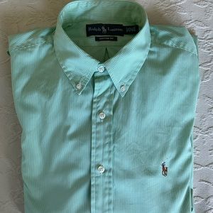 RALPH LAUREN Custom Fit Green & White Striped Button Down Shirt Mens 16.5 32/33